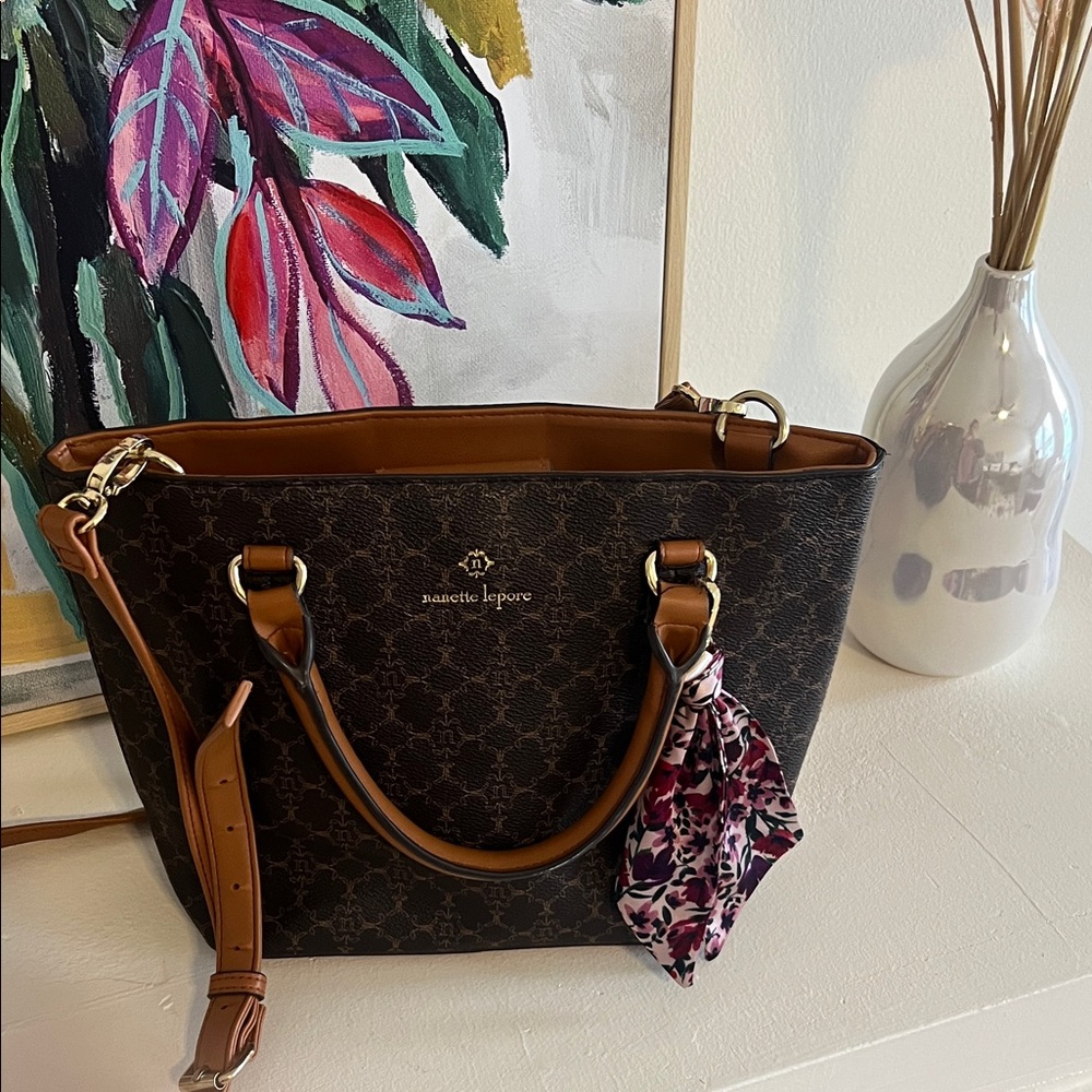 Nanette Lepore Brown Monogram Tote with Floral Accent Scarf